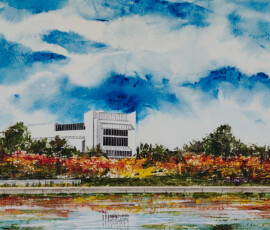 The National Gallery A watercolour painting of the National Gallery of Australia situated on Lake Burley Griffin and Canberra ACT in an impressionist style focusing on the brutalist architecture of the building emphasised by a polar sky and the rich or terminal colours of lake foliage.