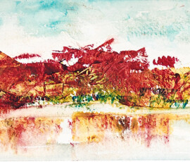Autumn Trees Lake Burley Griffin A watercolour painting in impressionist style highlighting the or terminal colours of foliage on the four shores of Lake Burley Griffin Canberra.
