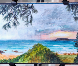 Rolling Rain Storm A sketchbook painting capturing a fast moving rolling rainstorm moving across the ocean Horizon about to envelope Wasp Head Island at Murramurang National Park.