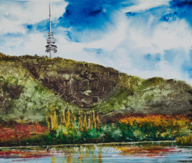 Black Mountain Tower. Watewrcolour apinting of Black Mountain Tower with autumn trees at the base of the mountain leading into the lake.