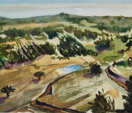 Byron Bay from Saint Helena Lookout. Watercolour painting showing a view from St Helena Lookout down across Byron Bay toward the ocean.