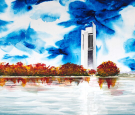 The Carillon - Brutalist Architecture A watercolour painting of the Carillon situated on Lake Burley Griffin and Canberra ACT in an impressionist style focusing on the brutalist architecture of the building emphasised by a polar sky and the rich or terminal colours of lake foliage.