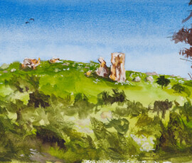 Castle Hill - Lambrigg A watercolour painting showing the giant rock formations on Castle Hill near Lambrigg estate in the ACT.