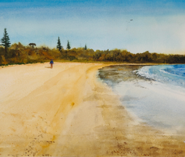 Cookies Beach A watercolour painting showing a person walking along Cookies Beach, South Durras, NSW South Coast.