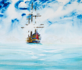 Into in the Mist Watercolour painting showing a Georgian period British style frigate sailing into the sea fog.