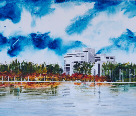 High Court of Australia - Brutalist Architecture A watercolour painting of the High Court of Australia situated on Lake Burley Griffin and Canberra ACT in an impressionist style focusing on the brutalist architecture of the building emphasised by a polar sky and the rich or terminal colours of lake foliage.