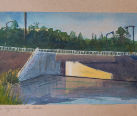 Late Afternoon Lake Tuggeranong. Watercolour painting of concrete bridge over lake tuggeranong with last warm glowing sunlight coming through the archway creating a yellow focal point with cutting shadow across the concrete structure.