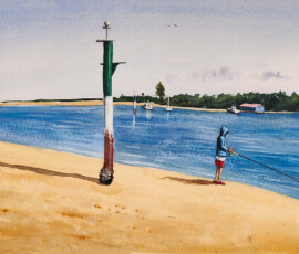Lagoon Fishing Watercolour painting showing a boy standing on the sand fishing in the Merimbula Lagoon.