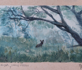 Kangaroos in the Mist. Watercolour painting showing a kangaroo amongst wet grass in the misty morning.
