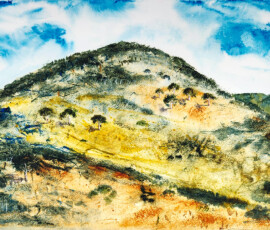 Mount Taylor Summer Watercolour capturing the bright golden brown and gums situated Mount Taylor in summer.