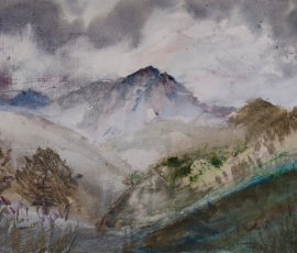 Winter Mountain. Watercolour painting of a misty imposing mountain with valley in the foreground.