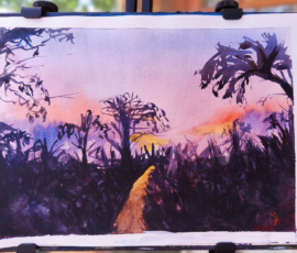 Mount Taylor Sunset Watercolour painting of gumtree silhouette against the purple orange haze of a hot summer sunset on Mount Taylor.