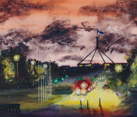 NYE Canberra A watercolour painting showing Parliament house silhouette against a dark orange sauce sunset with stream of traffic on the road in front coming out of the New Year's Eve fireworks.