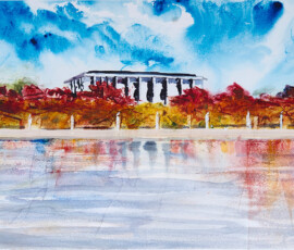 The National library of Australia. A watercolour painting of the National library of Australia situated on Lake Burley Griffin and Canberra ACT in an impressionist style focusing on the brutalist architecture of the building emphasised by a polar sky and the rich or terminal colours of lake foliage.