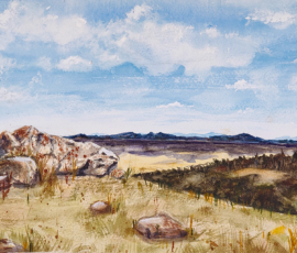 Rock of Ages. Watercolour painting of laerge rock formations viewed from the Pinnacle nature reserve, North Canberra.