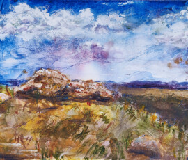 The Pinnacle - Large Rock Watercolour painting in aFast and loose impression of the Pinnacle nature reserve in Northen Canberra.