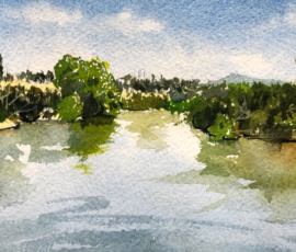 Murrumbidgee River - Point Hut Crossing A view looking South down the Murrumbidgee River at Point Hut Crossing in Canberra. Painted in watercolour on Arches paper.