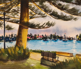 Port Macquarie Waterfront Painting of a lit up tree bench and boardwalk with a view across the Hastings River at Port Macquarie