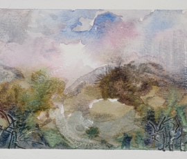 Misty Mountains under storm clouds. Postcard sized investigation of soft edges and light in the mountain ranges - inspired by the view from my house down the Brindabella Ranges. Watercolour on Canson cold-pressed 300gsm paper.