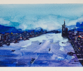 Night Harbour A watercolour painting of a busy harbour at night time.