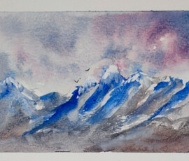 Winter clouds over mountain peaks. Watercolour painting in postcard size of soft storm clouds over snowy mountain peaks