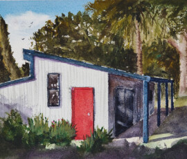 Red Door Studio Watercolour painting of the Red Door Studio in Byron Bay.