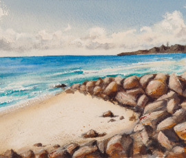 Rock Point - Byron Bay Watercolour painting of rocky point at the end of Main beach Byron Bay.
