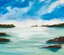 Smugglers Cove Watercolour painting, I still turquoise sea cove with dark blue sky.