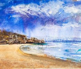 South Coast Gum Trees A watercolour painting showing a beach leading into a rock point covered in white gumtree against a rainy sky.