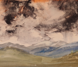 Brindabella Storm. Watercolour painting with dark clouds and orange sky a rolling storm coming across the Britain Rangers in Australian capital territory.