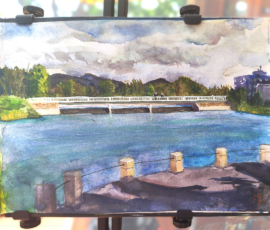 The Weir. Watercolour painting of bridge and weir at Lake Tuggernong.