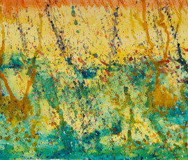 Constellation migration Watercolour painting of abstract picture, yellow blues oranges with spatter of pink and blue