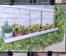 Window Warmth Watercolour painting of Pansies in pots on the external window sill with grape vine growing on the walls.